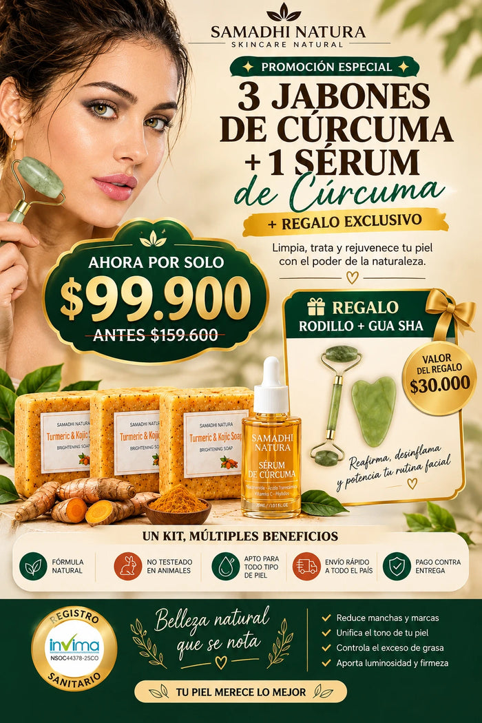 Kit Tratamiento Intensivo: 3 Jabones + Sérum de Cúrcuma + Regalo Rodillo y Gua Sha